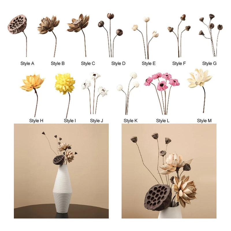 Dried flower bouquet set with multiple stems and small blooms, shown in vases