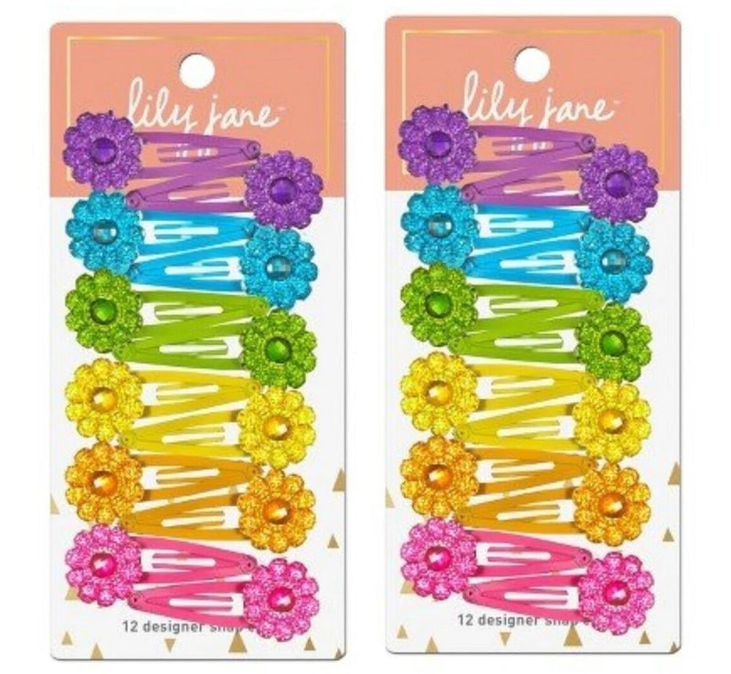 Lily Jane Girl's Designer Flower Acrylic Snap Clip Barrettes 24 Count (12 Pair) Lily