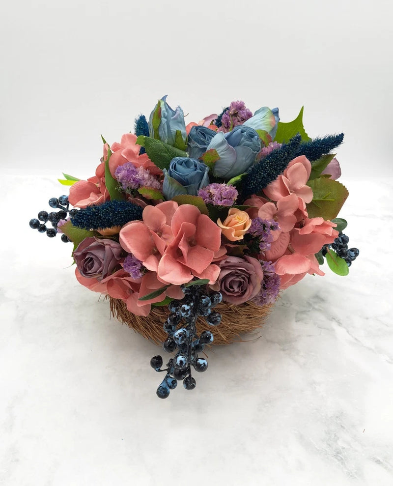 Handmade Blue Rose Blueberry Dried/Silk Flower Arrangement w/ Vintage Basket Dried Flower