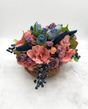 Handmade Blue Rose Blueberry Dried/Silk Flower Arrangement w/ Vintage Basket Dried Flower