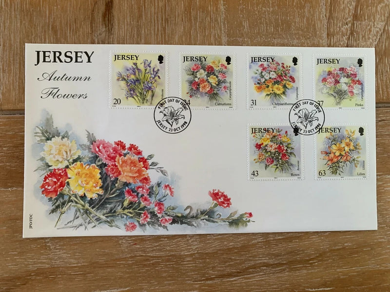 JERSEY 1998 FDC AUTUMN FLOWERS CARNATION IRIS LILY PINK ROSE CHRYSANTHEMUM Carnation