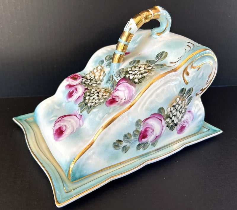 Antique Victorian Porcelain Large Wedge Cheese Dish Hand Painted Roses Hydrangea Hydrangea