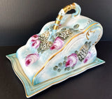 Antique Victorian Porcelain Large Wedge Cheese Dish Hand Painted Roses Hydrangea Hydrangea