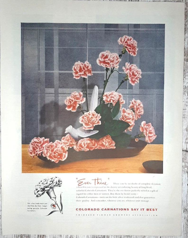 Vintage print ad featuring pink carnation bouquet in a vase with small slogan text
