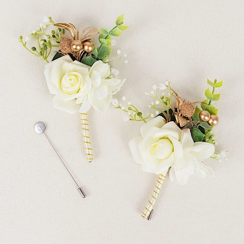 WHITE 2 SILK ROSES 5" Boutonnieres with Pin Wedding Flowers Party Bouquets SALE Bouquet
