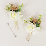 WHITE 2 SILK ROSES 5" Boutonnieres with Pin Wedding Flowers Party Bouquets SALE Bouquet
