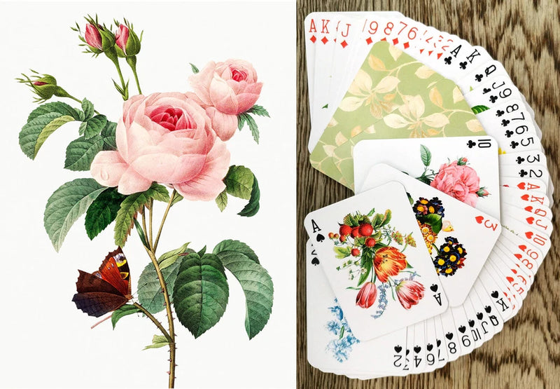 Playing card deck with vintage rose floral artwork, cards fanned with face cards and suits