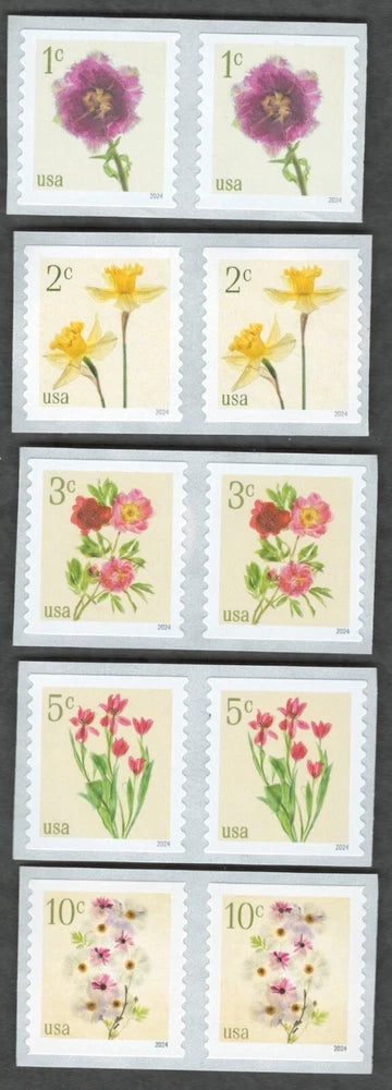 US. 5902-5906. Fringed Tulip...Peonies...Flowers. Coil Pair Set of 5. MNH. 2024 Peony
