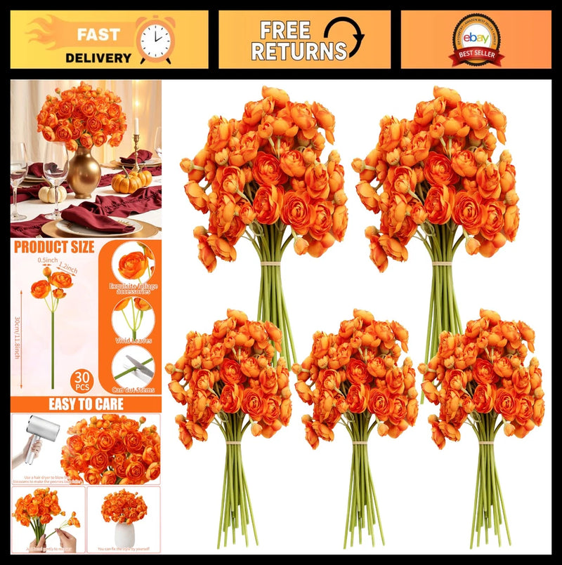 5 Bouquets Orange Ranunculus Flowers - 30 Pcs Silk Mini Faux for Wedding Decor, Ranunculus
