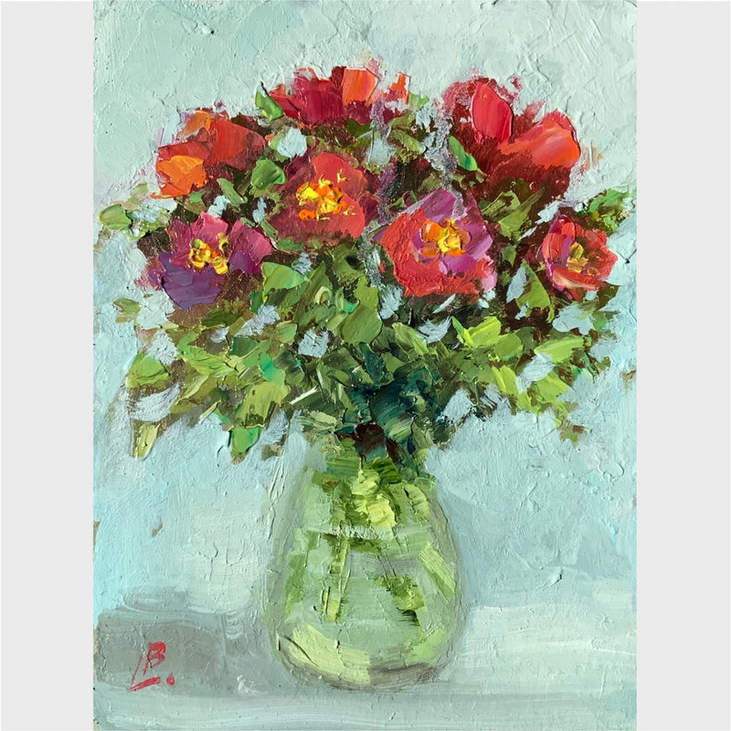 Textured oil painting of a pale green vase holding red peonies with orange highlights