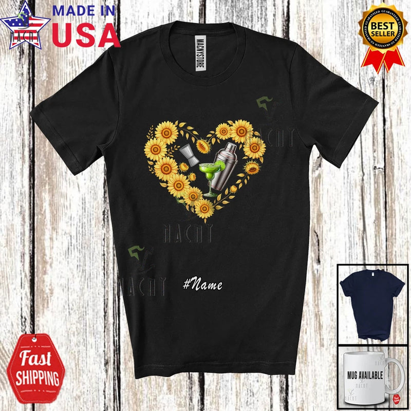 Black T-shirt with sunflower heart graphic and #Name text