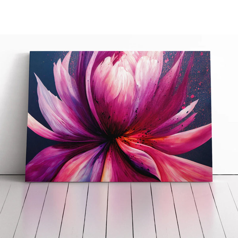 Framed abstract floral canvas wall art with pink and purple flower splash