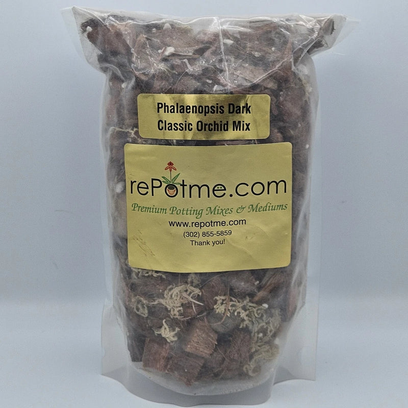 Phalaenopsis orchid mix potting soil in clear mini bag, rePotme.com label