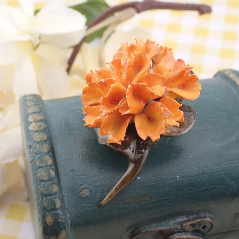 Vintage Made in England Orange Enamel Porcelain Carnation Flower Pin Brooch Carnation