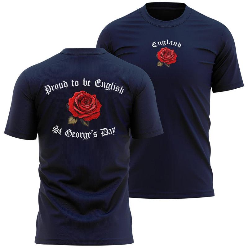 Mens navy St George's Day t-shirt with red rose and English text graphic
