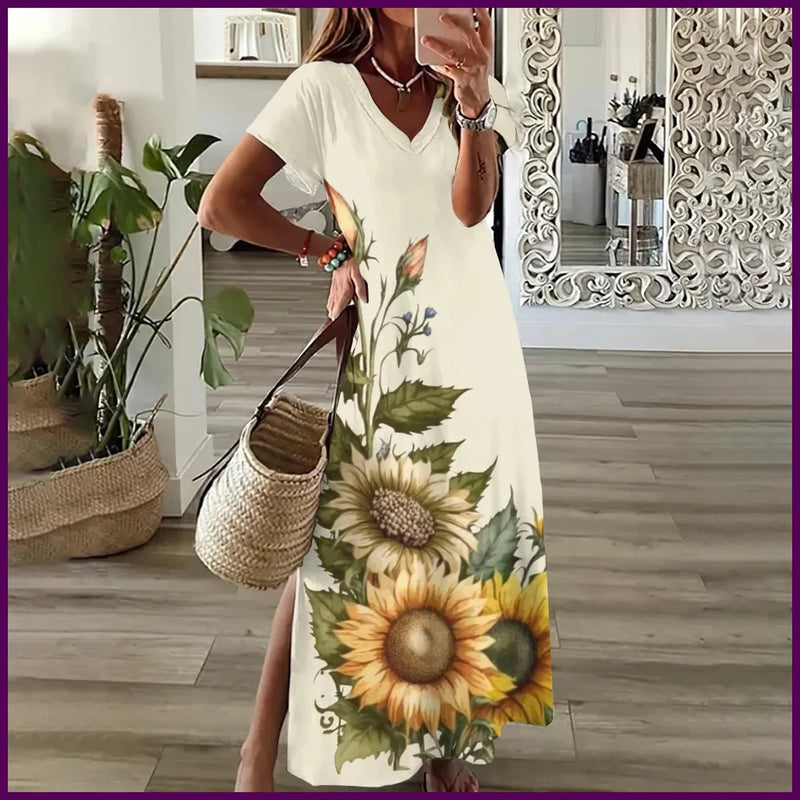 White midi dress with sunflower floral print, V-neck, and short sleeves