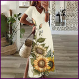 Sunflower Print Floral Graphic Dresses For Women's Plus Size Elegant Midi Sunflower