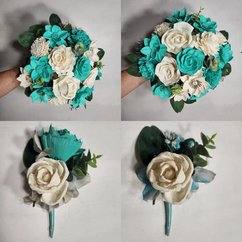 Aqua Ivory Rose Real Touch Bridal Wedding Bouquet Accessories Bouquet