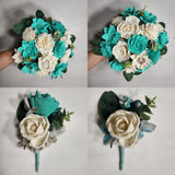 Aqua Ivory Rose Real Touch Bridal Wedding Bouquet Accessories Bouquet