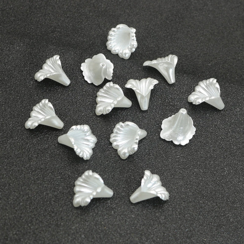 White acrylic pearl lily bellflower bead caps, 12mm, flower-shaped cone caps
