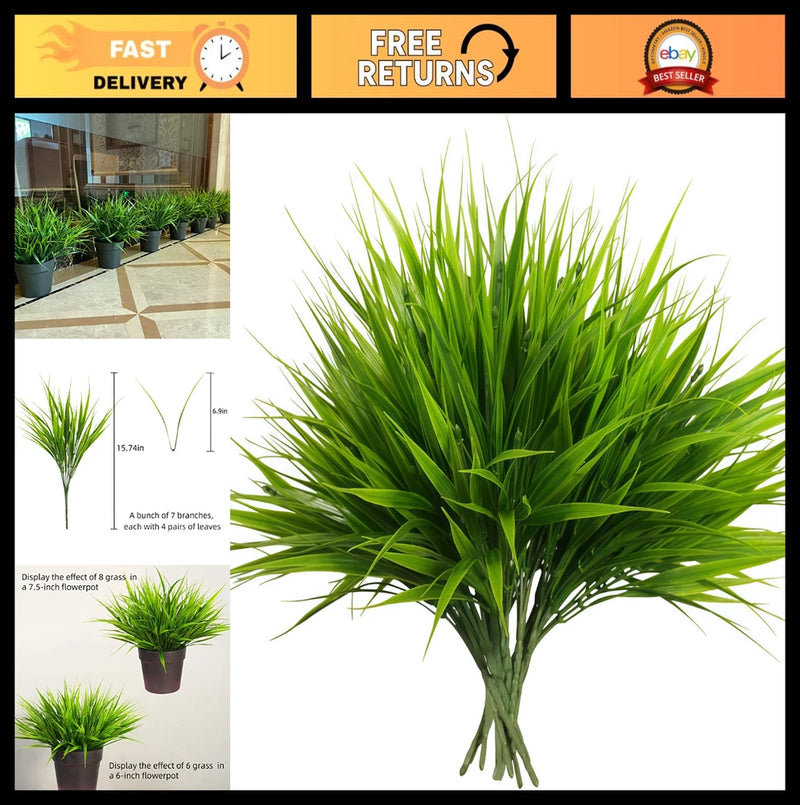 Artificial grass faux plant bunch, bright green grasslike stems in a small pot