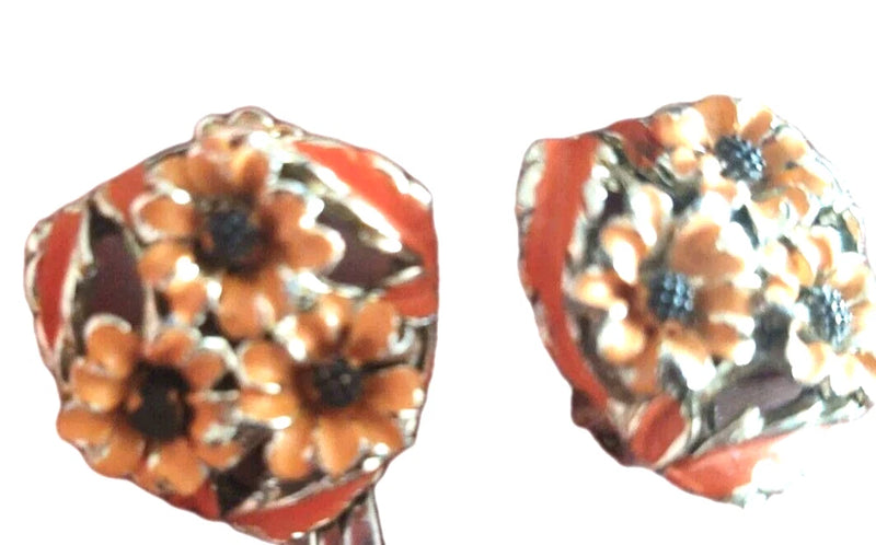 Vintage Sunflower Clip On Earrings Orange Enamel Flowers Gold Tone 1" E79 Sunflower