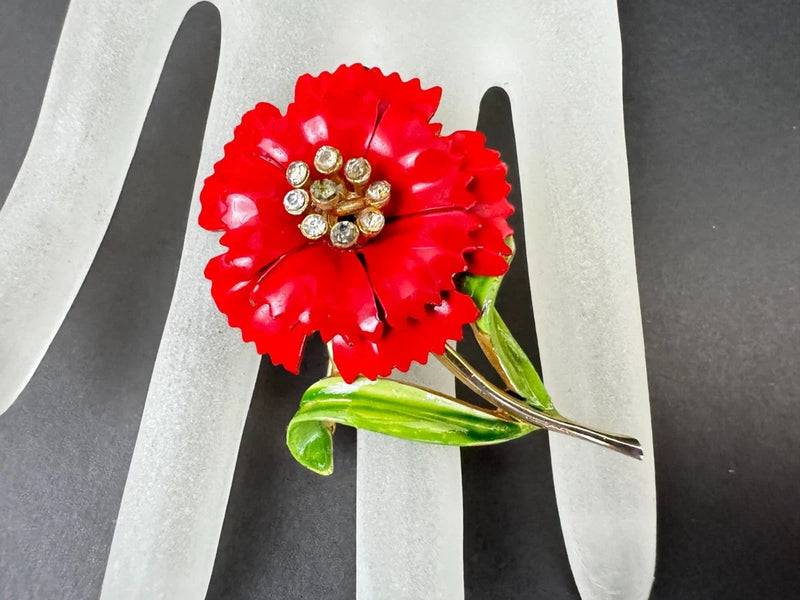 Vintage Crown Trifari Signed Gold Tone Enamel Red Carnation Flower Brooch Pin Carnation