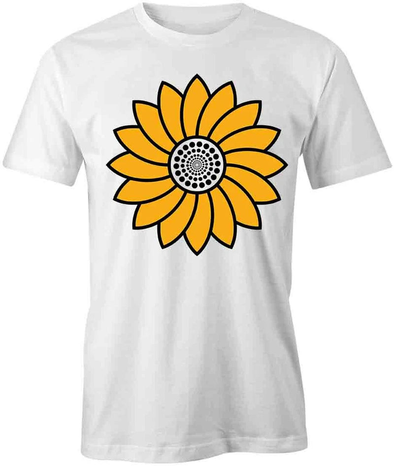 White cotton short-sleeve crew T-shirt with large yellow sunflower graphic