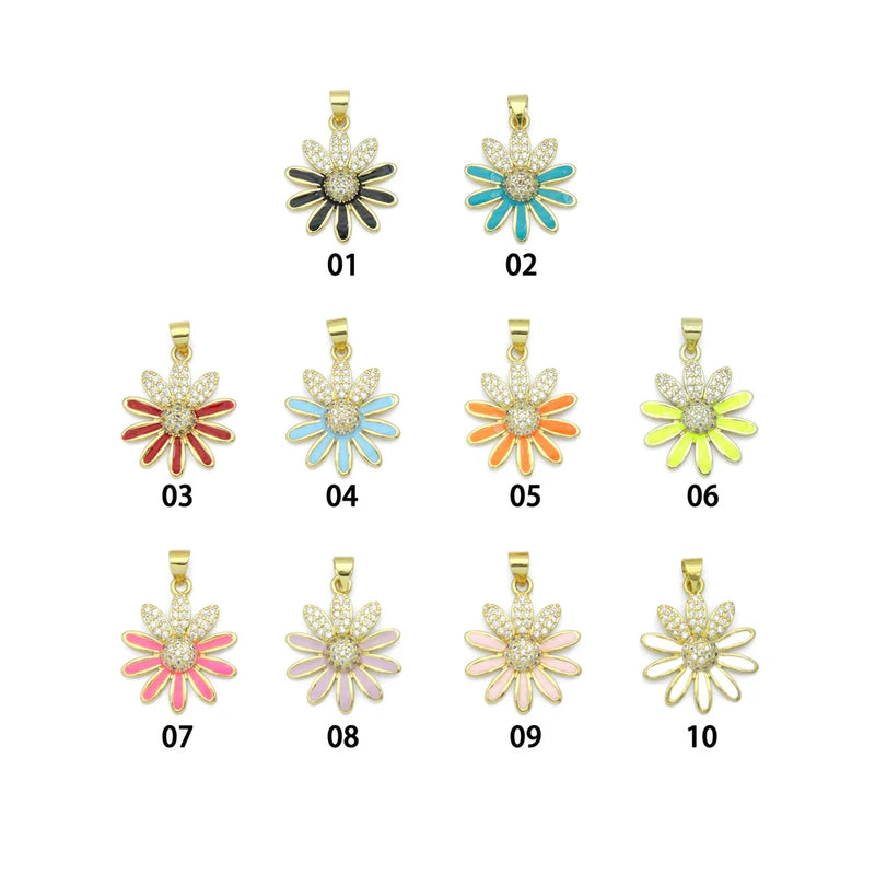 Gold-tone sunflower enamel charm with rhinestone center and enamel petals, assorted colors