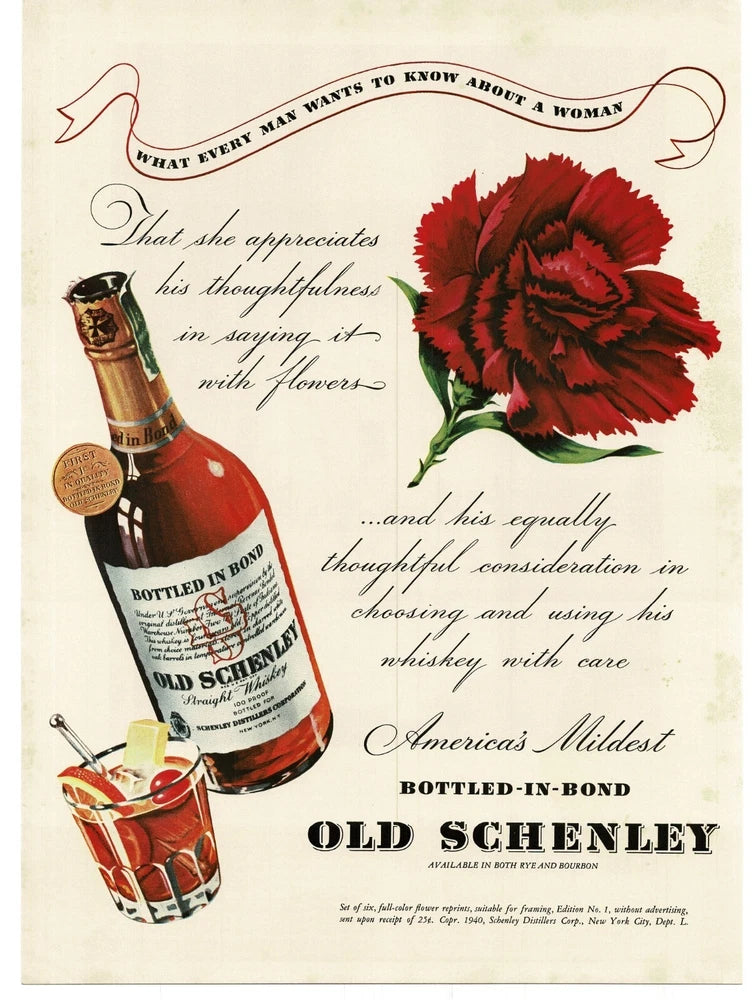 Vintage whiskey print ad with Old Schenley bottle, red carnation flower, and slogan text