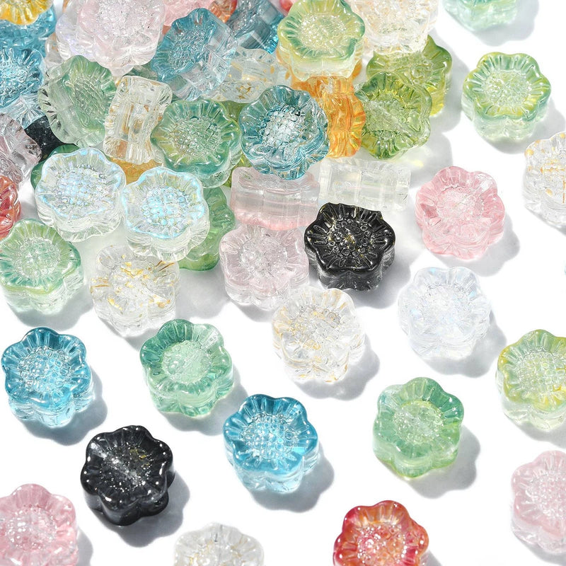 Flat transparent sunflower-shaped lampwork glass beads, assorted colors, jewelry making pack