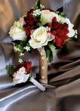 Red Chrysanthemum and White Roses Bride Bouquet and Groom boutonni�re Set Bouquet