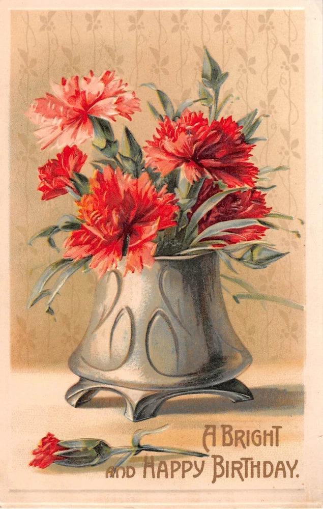 Lovely Carnations in Vase on 1909 Birthday Postcard - Series No. 1008 Carnation