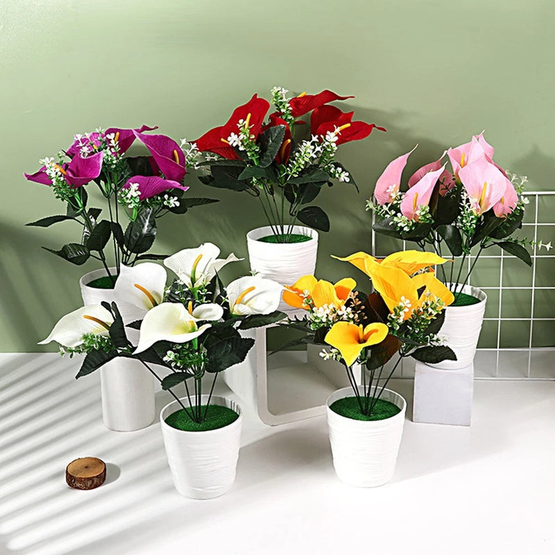 Artificial calla lily potted flowers with silk blooms in white, yellow, pink, and red