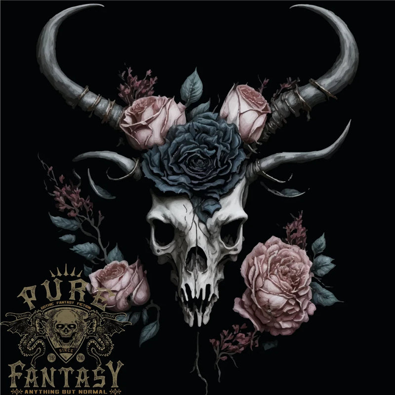Men's gothic skull and rose graphic T-shirt with dark horns, crew neck