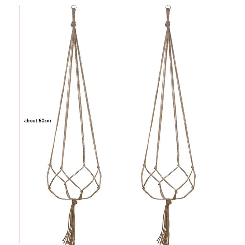 Macrame plant hanger rope with looped basket and hanging tassel, 4-cord design