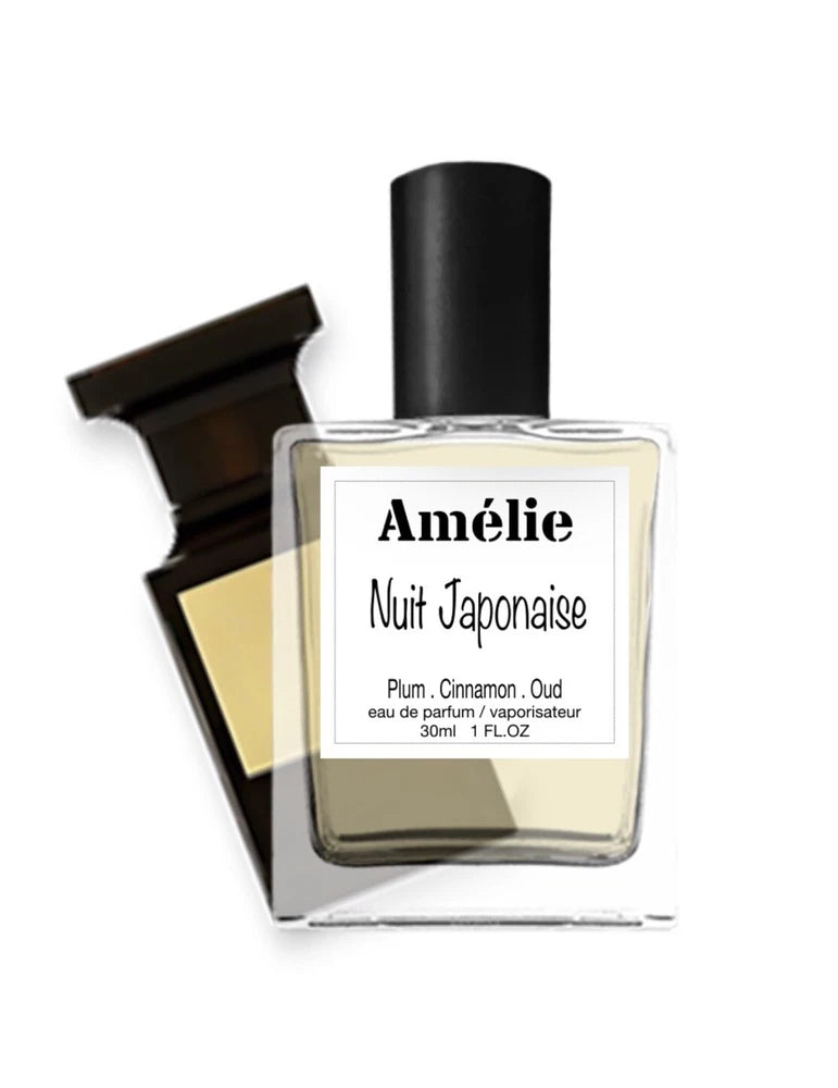 Amélie Nuit Japonaise perfume bottle with black cap, with a second bottle behind