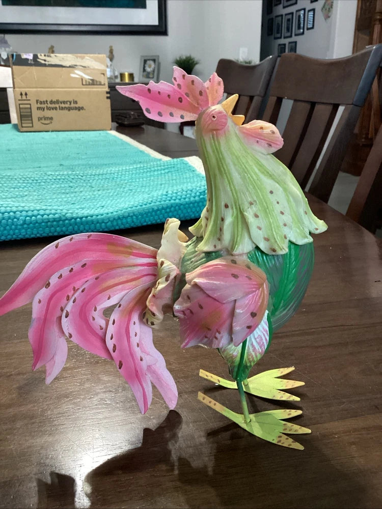Flower rooster figurine with pink fan tail and green body, decorative accents