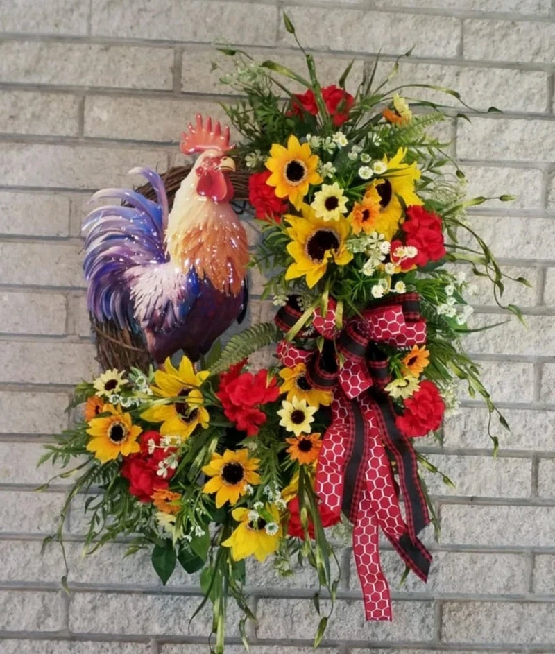 Rooster Flower Door Wreath Summer Sunflower Decor Country Style Wall Hanging Sunflower