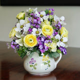 Vintage Hand Painted Portugal Floral Pitcher With Silk Lilac Arrangement Ranunculus