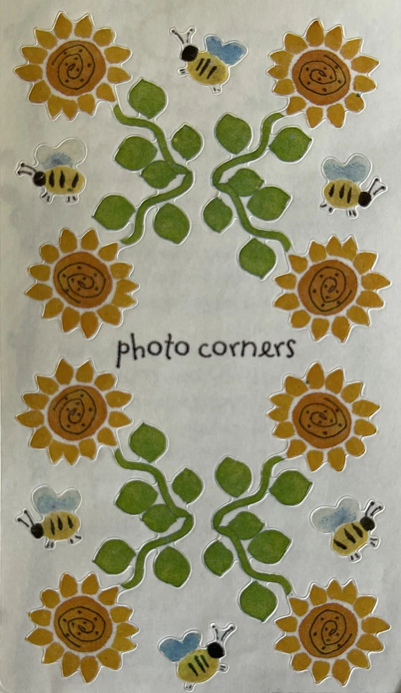 Sunflower photo corner stickers with bees and green leaves