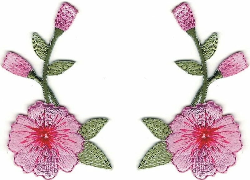 Pair of Long Pink Carnation Flower Floral Embroidery Patch Carnation