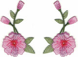 Pair of Long Pink Carnation Flower Floral Embroidery Patch Carnation