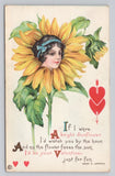 Fantasy Valentine Woman's Face in Sunflower Flower c1921 Helen Jeffers Postcard Sunflower