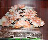 Carved natural jade peony Ru Yi ornament with pink and white blossoms on base