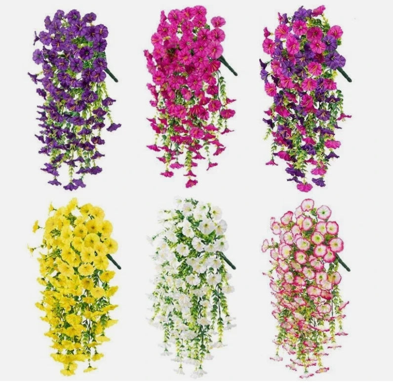 Artificial morning glory vine hanging flower set, multi-color purple pink yellow white