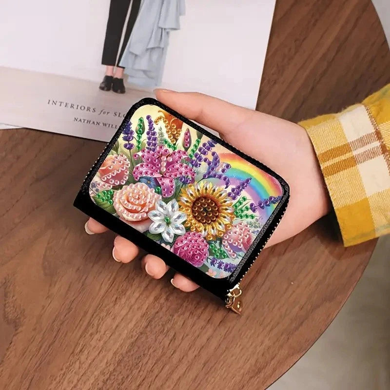Rainbow floral card holder purse with black zipper trim and sunflower print