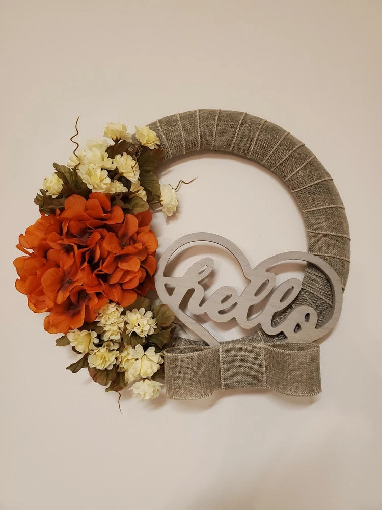 FLOWER Hydrangeas burlap WREATH  Heart HELLO FALL autumn Decor Front Door 15" Hydrangea
