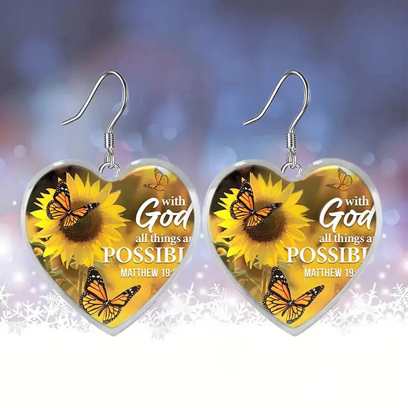 Fashion Sunflower Pattern Heart Shaped Glass Pendant Earrings Exquisite Hot New Sunflower