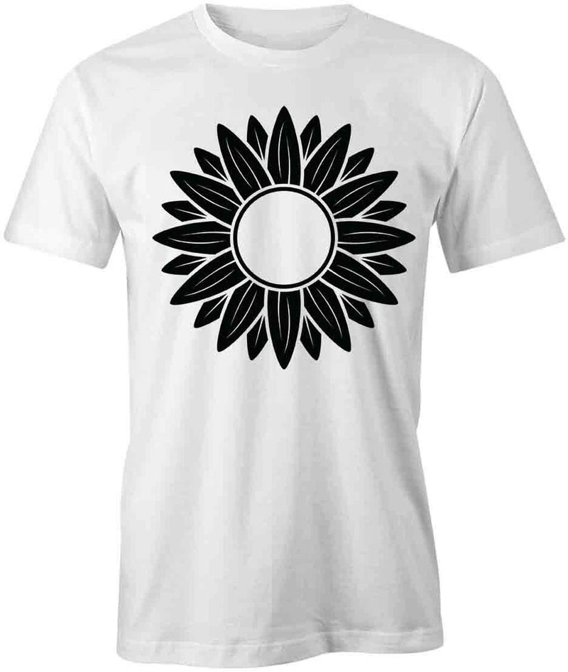 White short-sleeve cotton T-shirt with large black sunflower graphic on the chest